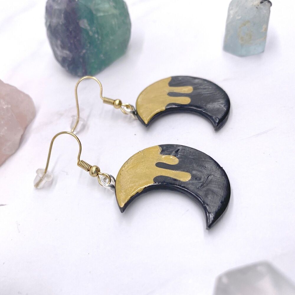 Black and Gold Drippy Moon Wire Hook Dangle Earrings - Picture 5 of 10